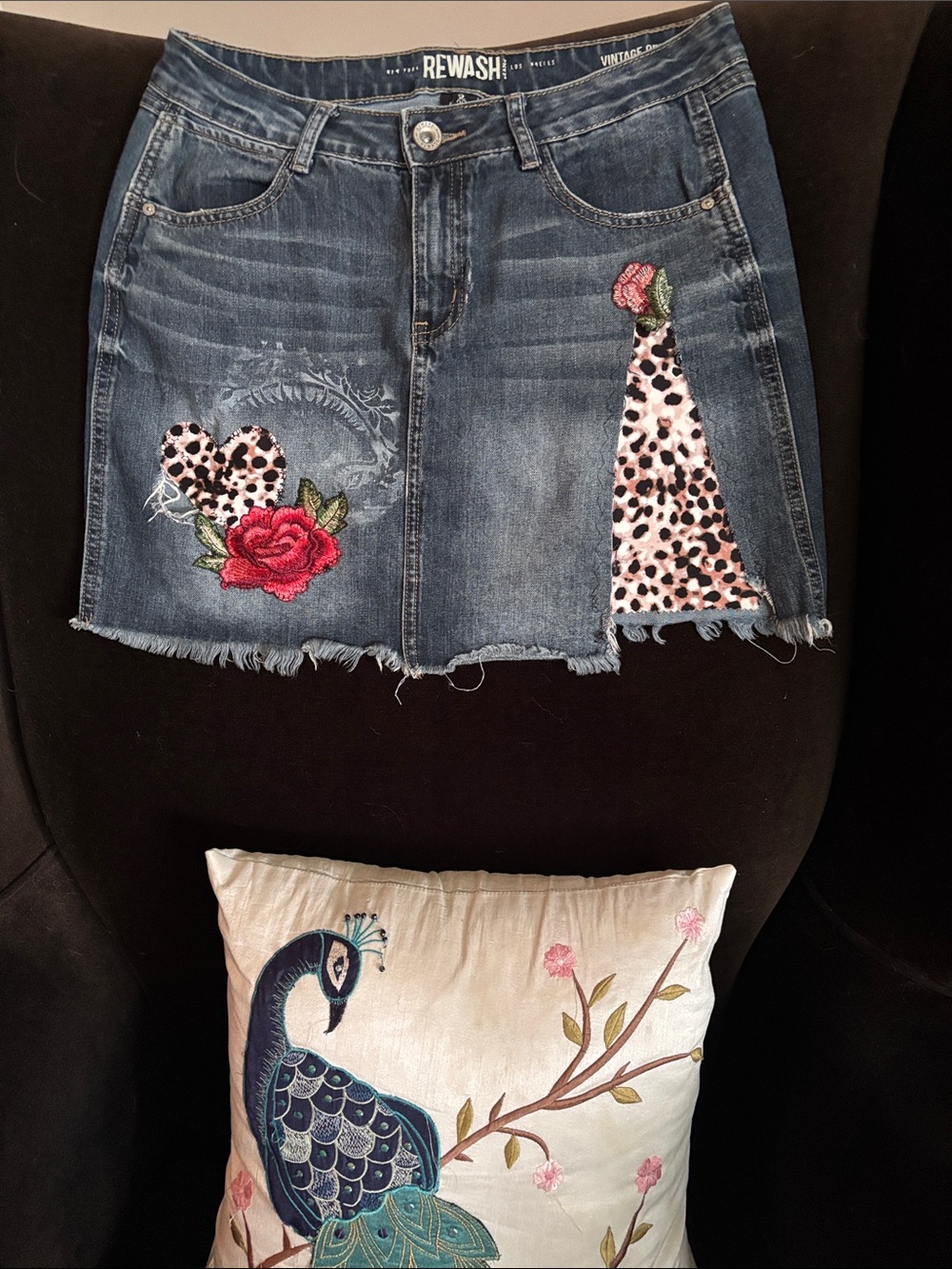 Rewash Dark Blue Denim Mini Skirt with Rose & Leopard Patch